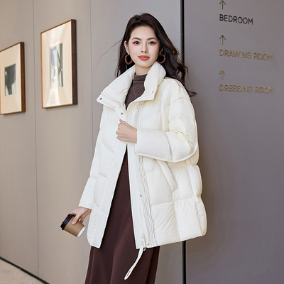 羽绒服冬季女款中长款2025新款高级感气质立领收腰加厚白鸭绒外套