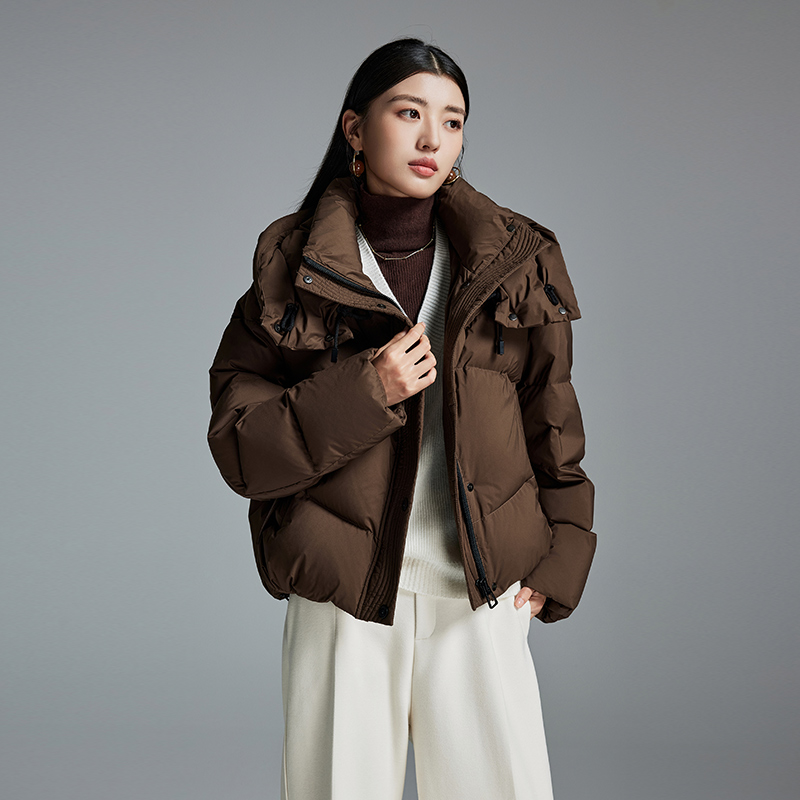 咖色短款羽绒服女款2025新款连帽小个子冬季宽松加厚款面包服外套
