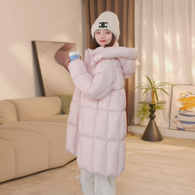 白鹅绒羽绒服冬季女款2025加厚保暖中长380克高蓬松零压泡芙外套