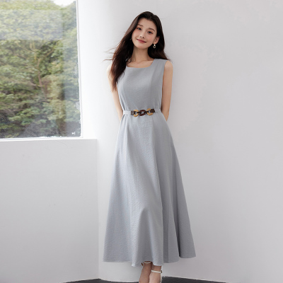蓝色无袖背心连衣裙女夏季2025新款精致高级感收腰气质U领裙子女