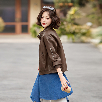 皮衣立领外套女2025春季新款宽松休闲小个子高级感宽松机车皮夹克