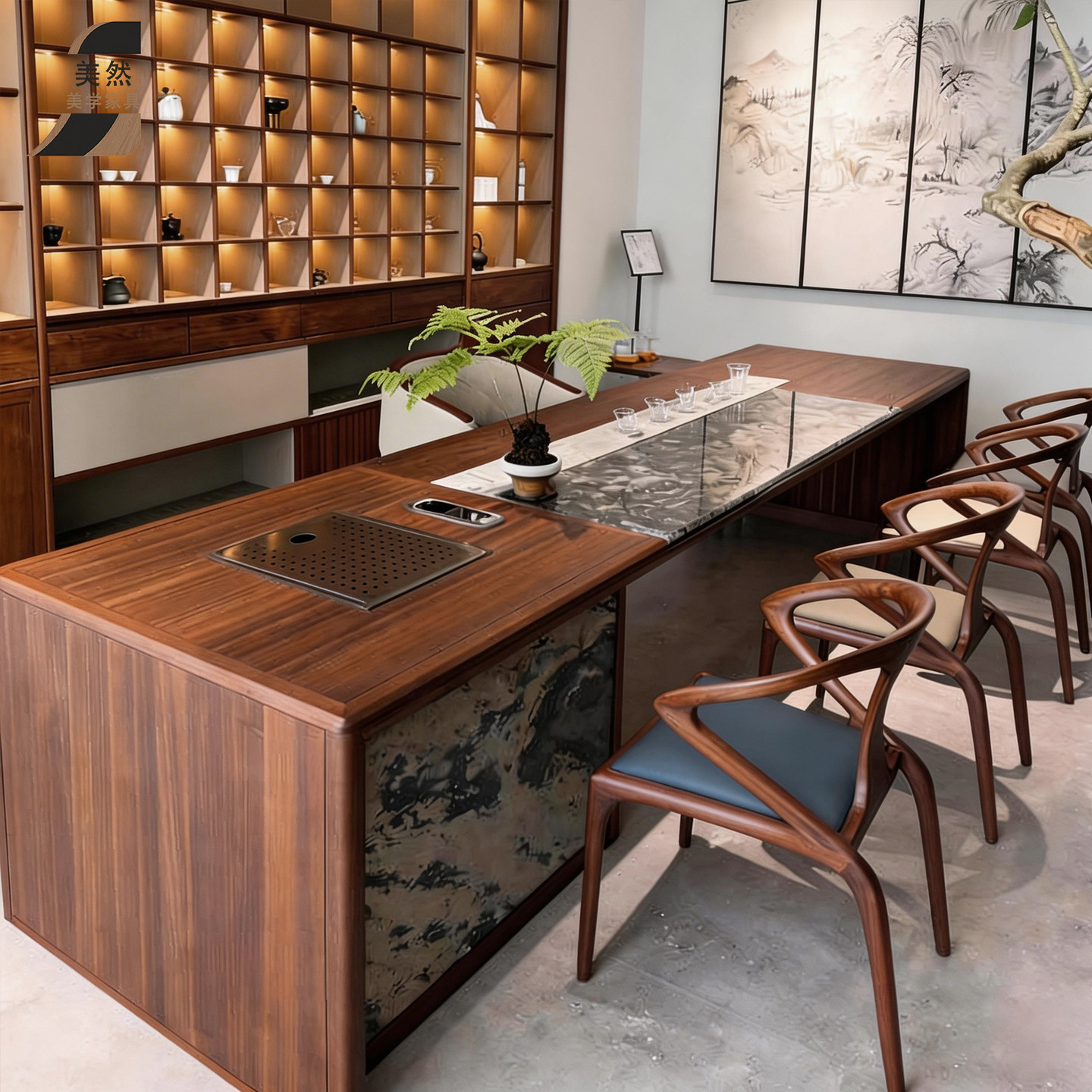 新中式北美黑胡桃木高端实木现代茶桌椅茶室宋式美学轻奢茶桌茶台