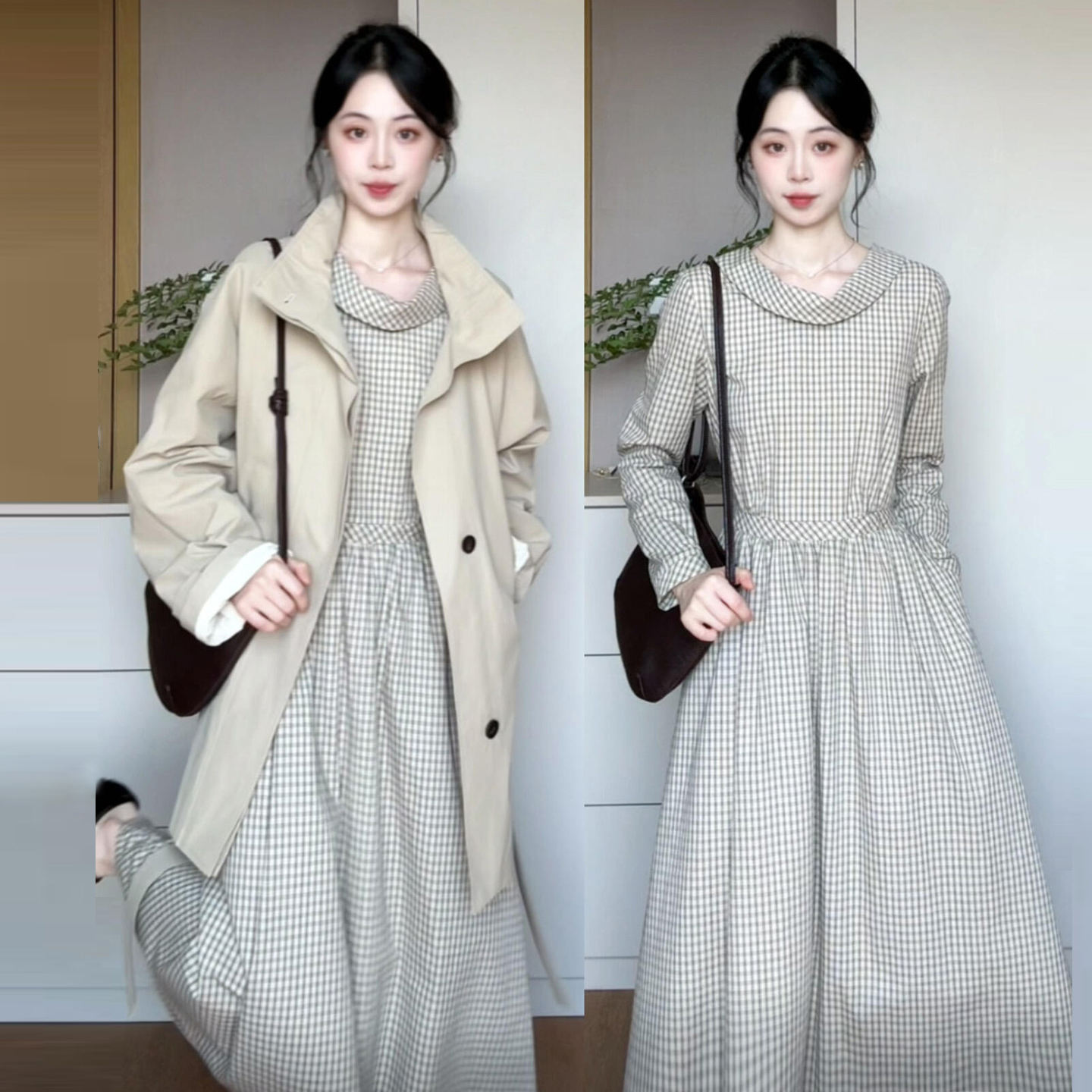 法式绝美格子长袖连衣裙子女早秋季2025新款独特漂亮掐腰显瘦长裙