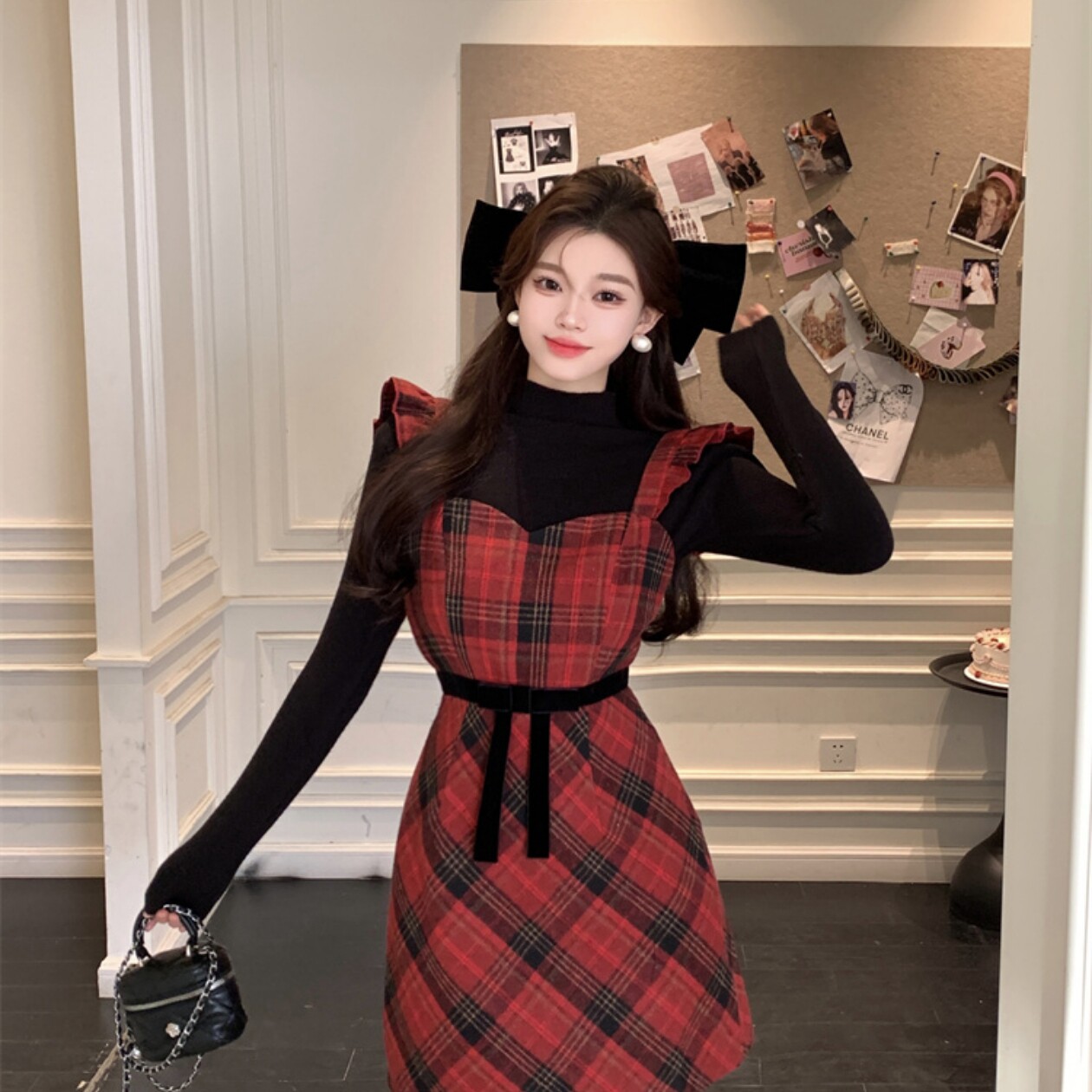 法式甜美红色格子背带连衣裙女秋装小香风收腰圣诞打底吊带背心裙