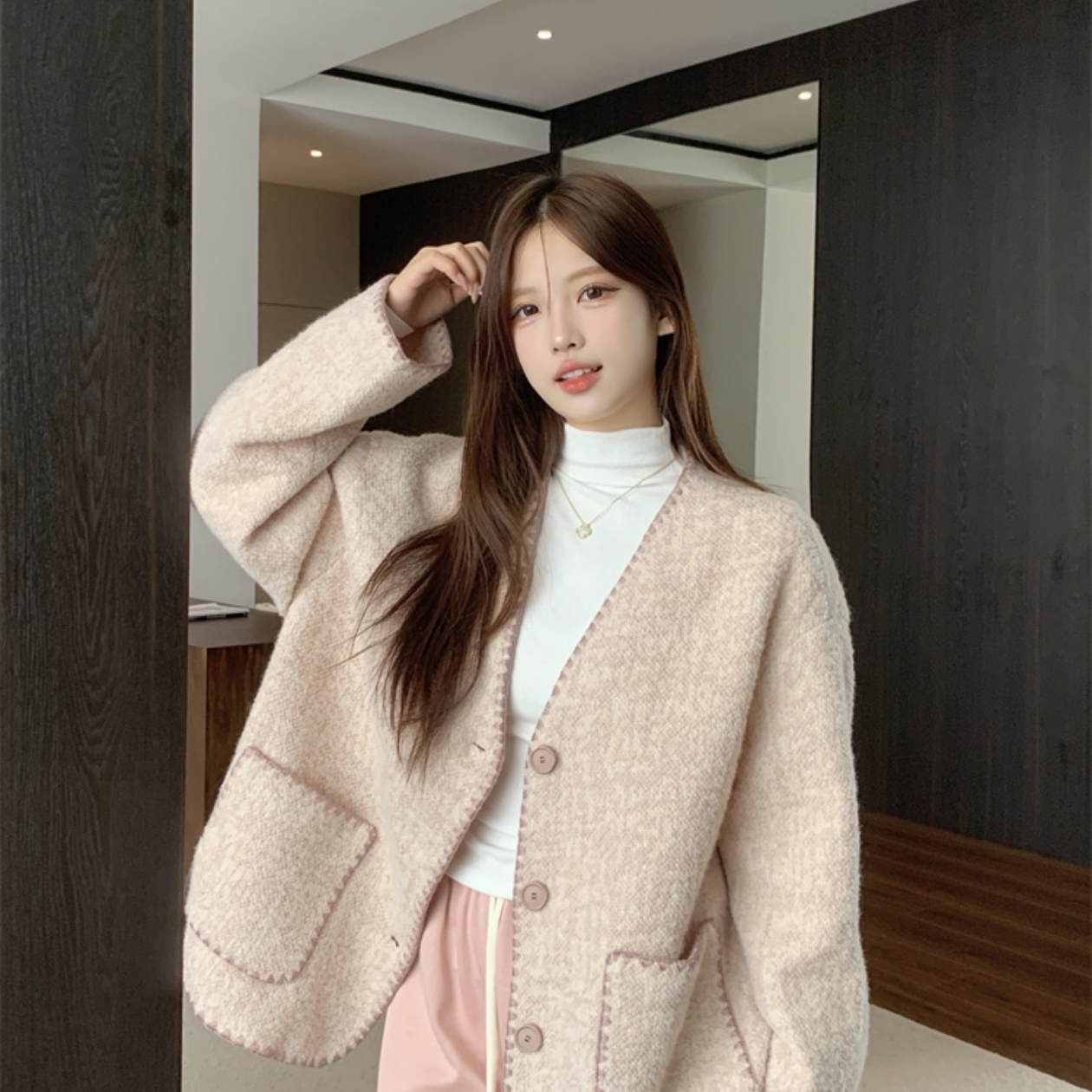 毛呢外套女秋冬新款韩版宽松百搭V领羊毛外衣