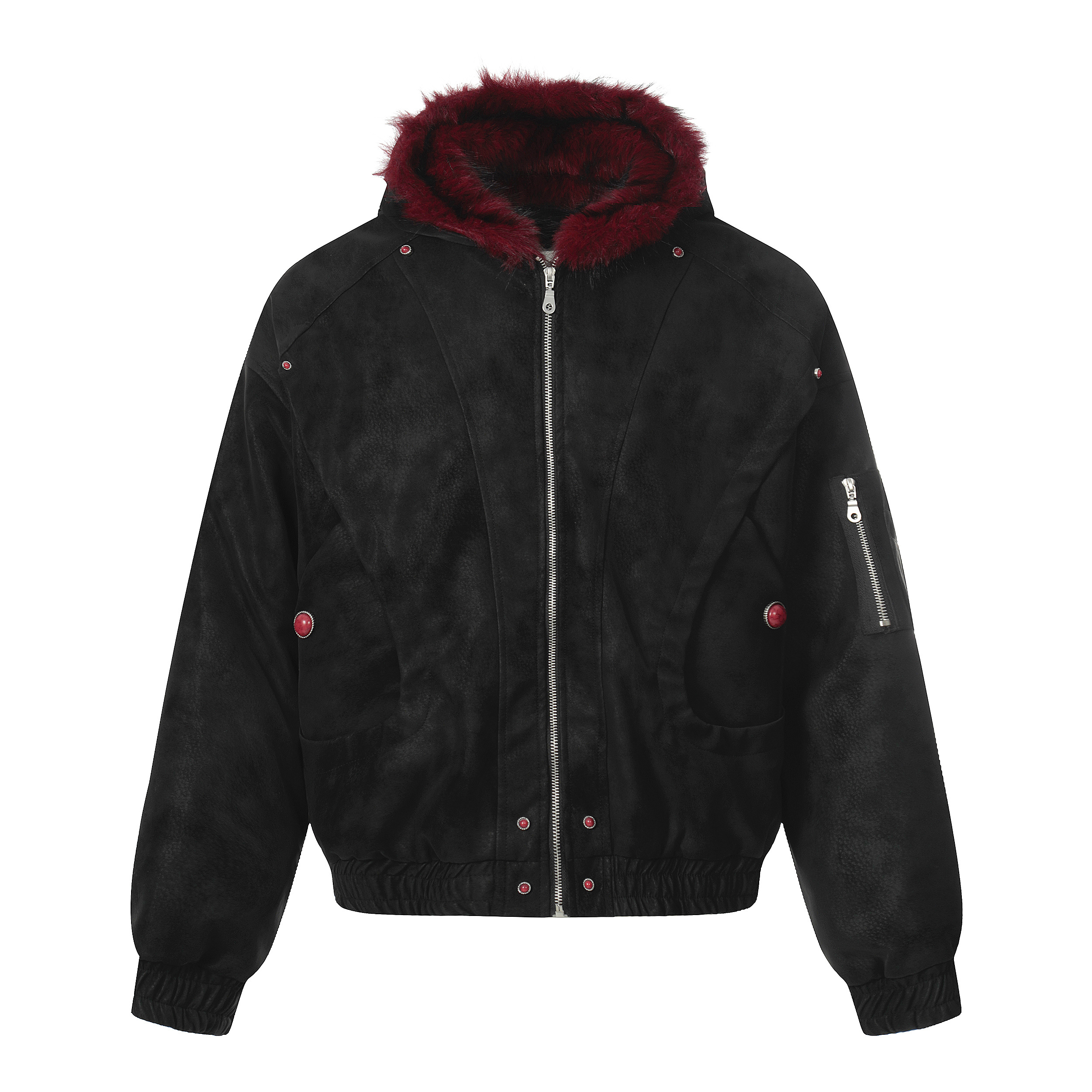 电次羊原创黑红座山雕2025冬季新款连帽式毛领外套加厚保暖设计感