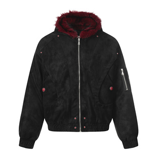 电次羊原创黑红座山雕2025冬季新款连帽式毛领外套加厚保暖设计感