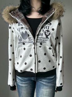 外套 开衫 电次羊原创美式 波点格纹印花连帽卫衣女秋冬新款