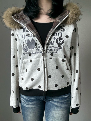 电次羊原创美式波点格纹印花连帽卫衣女秋冬新款开衫外套