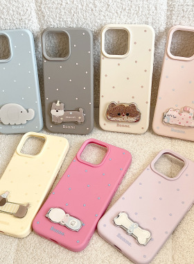 可爱卡通小猫小狗支架适用苹果17手机壳新款iPhone16promax硅胶防摔15Pro金属超薄一字贴支架手机保护壳14Pro