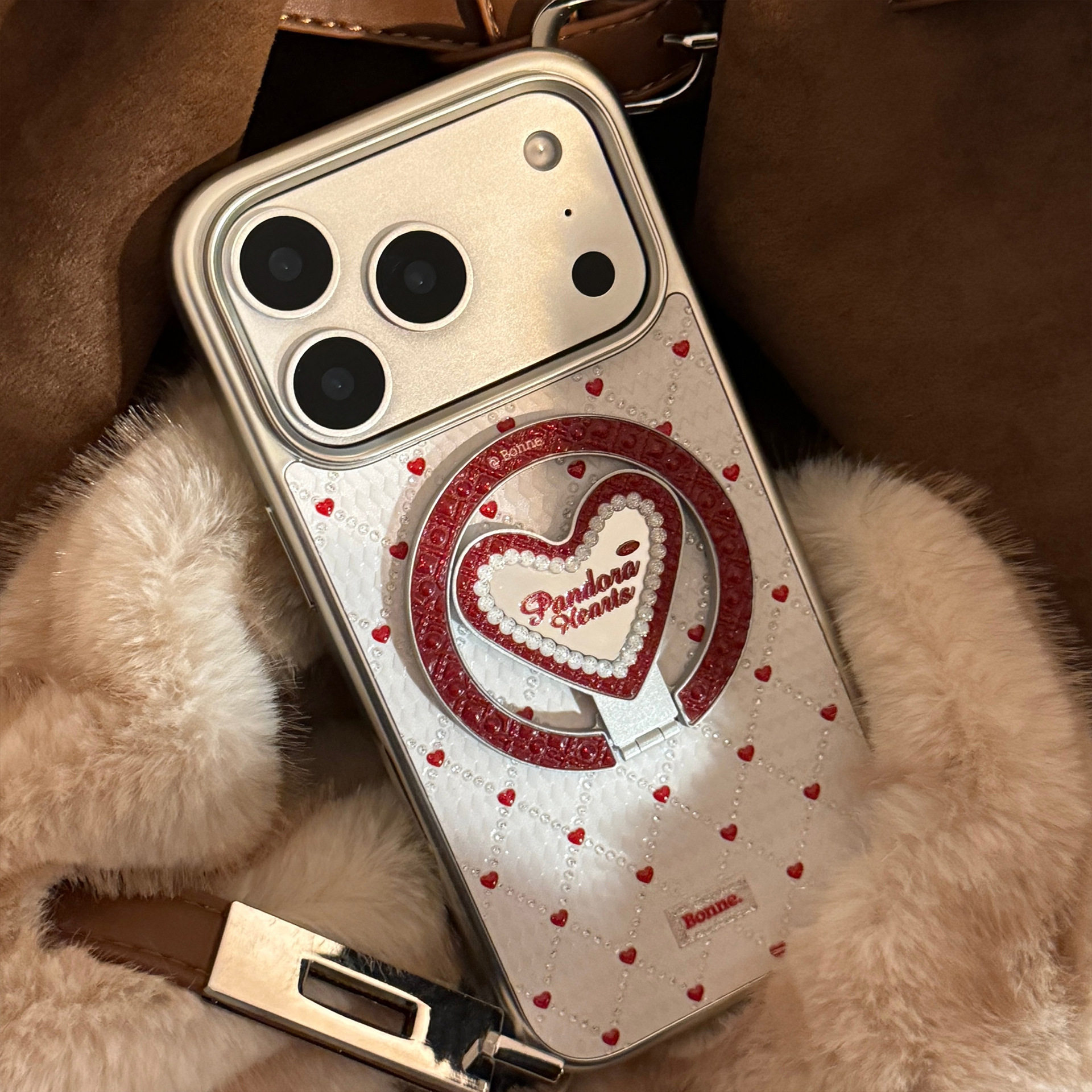 韩系ins超仙少女心珍珠爱心镜面磁吸支架适用苹果17Air手机壳新款iPhone17promax小香风16PM轻奢爆款17保护套