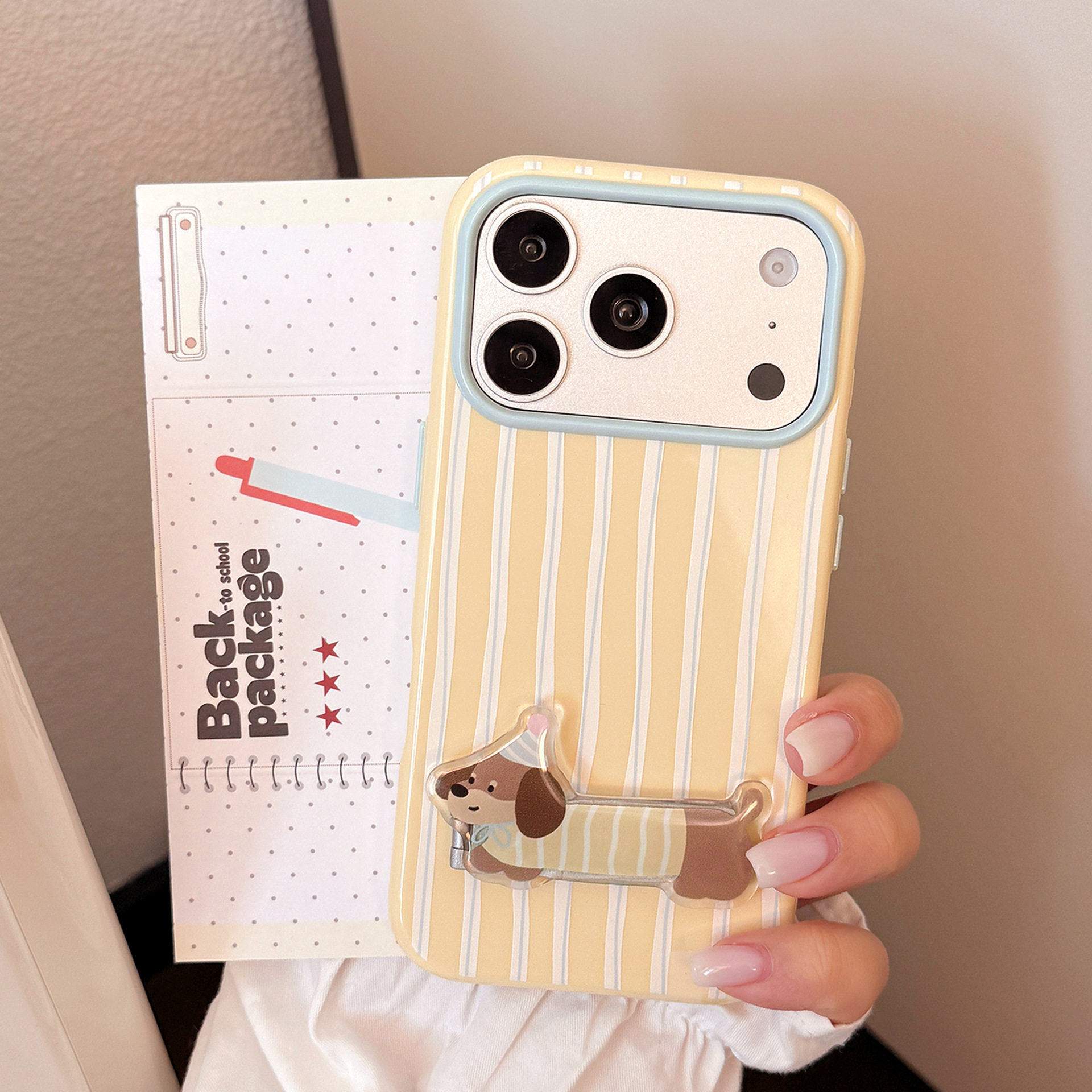 ins个性简约条纹适用iPhone18promax新款苹果18手机壳17PM腊肠狗支架18PM可爱女款17PRO触控相机键全包软壳16