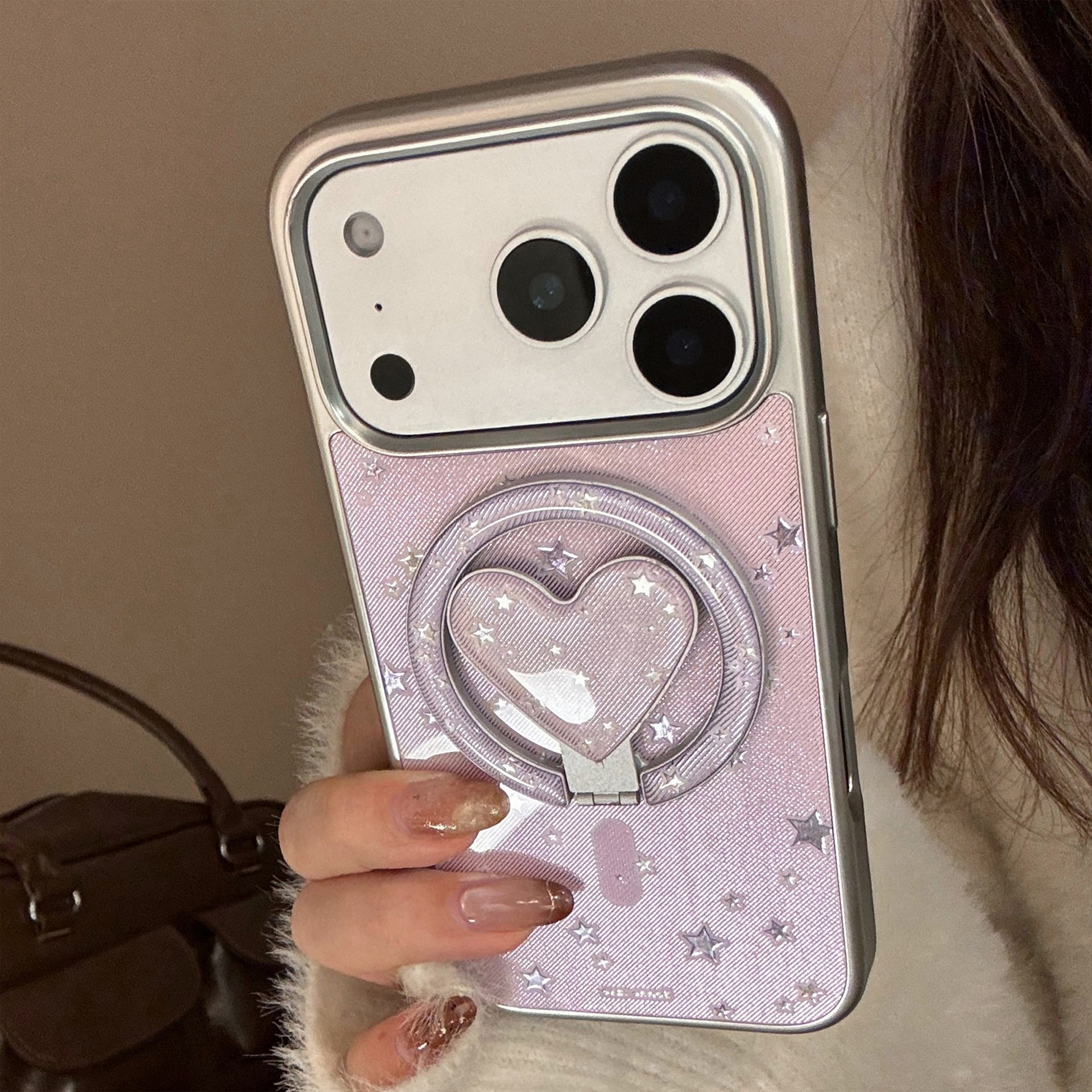 个性高级感鎏金紫色星星适用苹果17手机壳新款iPhone17PROMAX轻奢女款16PRO网红爆款17pro爱心磁吸支架手机壳