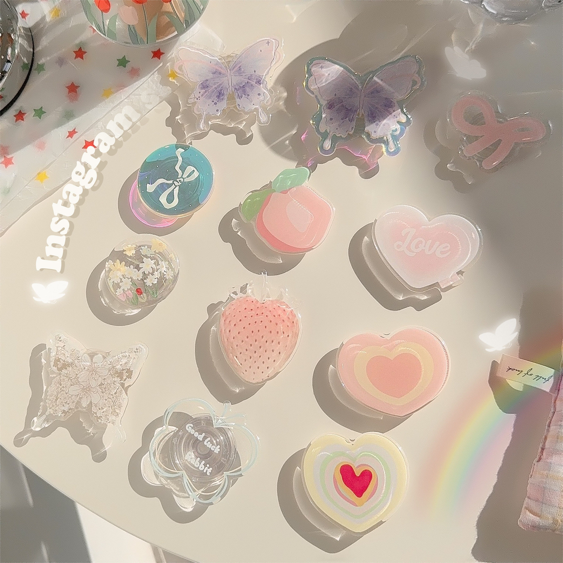 韩系创意少女心蝴蝶结爱心滴胶支架适用苹果手机壳多功能折叠支架