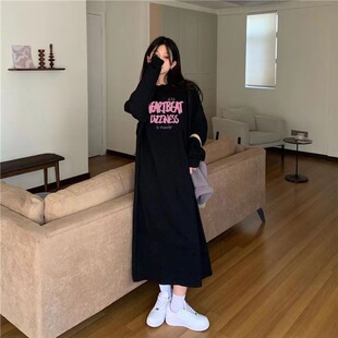 韩国chic秋冬简约慵懒风抽绳连帽长款常规袖开叉加绒卫衣连衣裙女