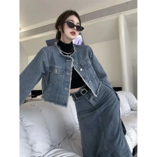 美式复古毛边牛仔套装女春季新款港风牛仔外套中长款半身裙两件套