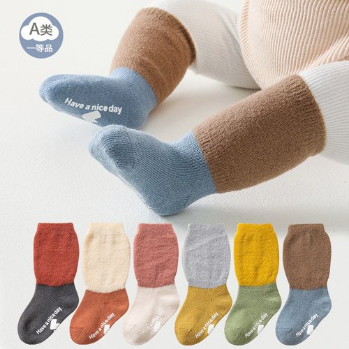 新生婴儿袜子纯棉春秋中筒袜a类男女宝宝6-12月防滑秋冬高筒长袜