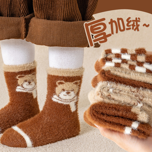 儿童袜子加绒加厚冬天保暖中筒袜中大童宝宝可爱小熊秋冬季 宝宝袜