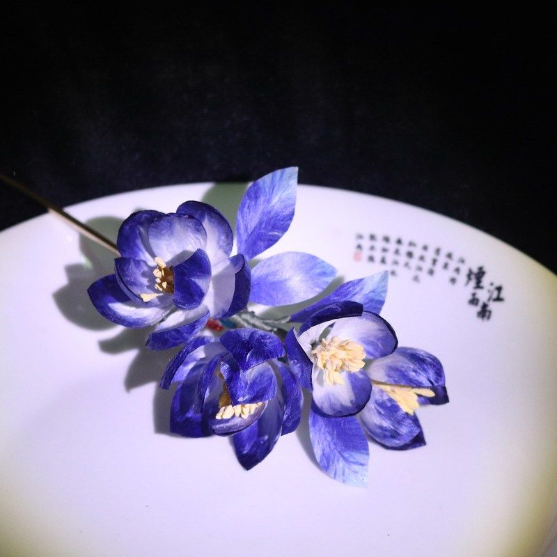 瑾时 古风汉服配饰非遗绒花掐丝绒花蓝色绒花发簪蚕丝簪子