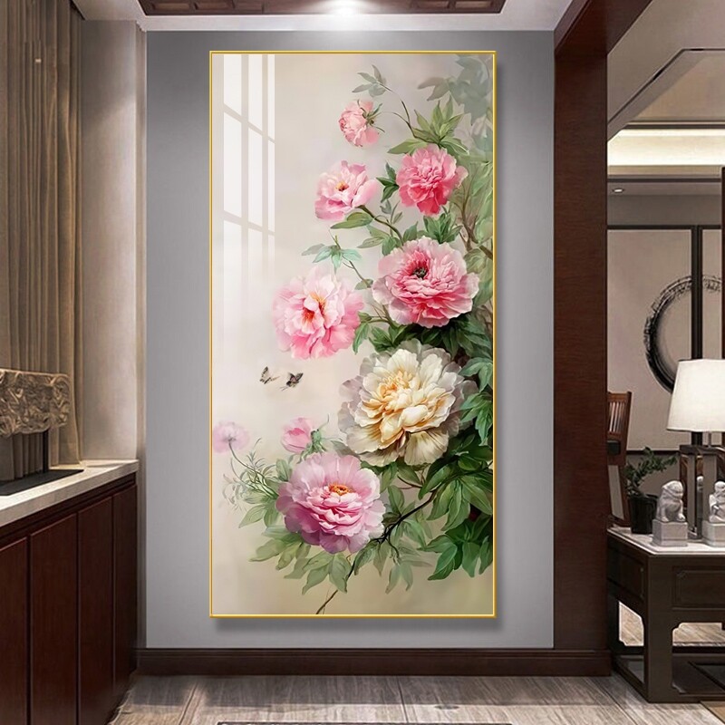 入户门正对墙贴画牡丹花玄关装饰画竖版新中式走廊过道挂画花开富