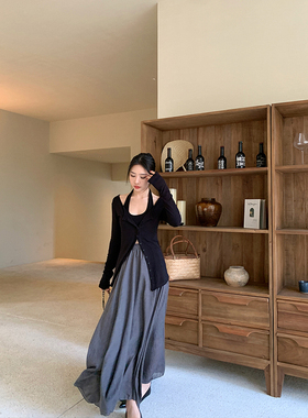 张只只 原张公子STUDIO不规则灰色棉麻A字半身裙女春清冷大摆长裙