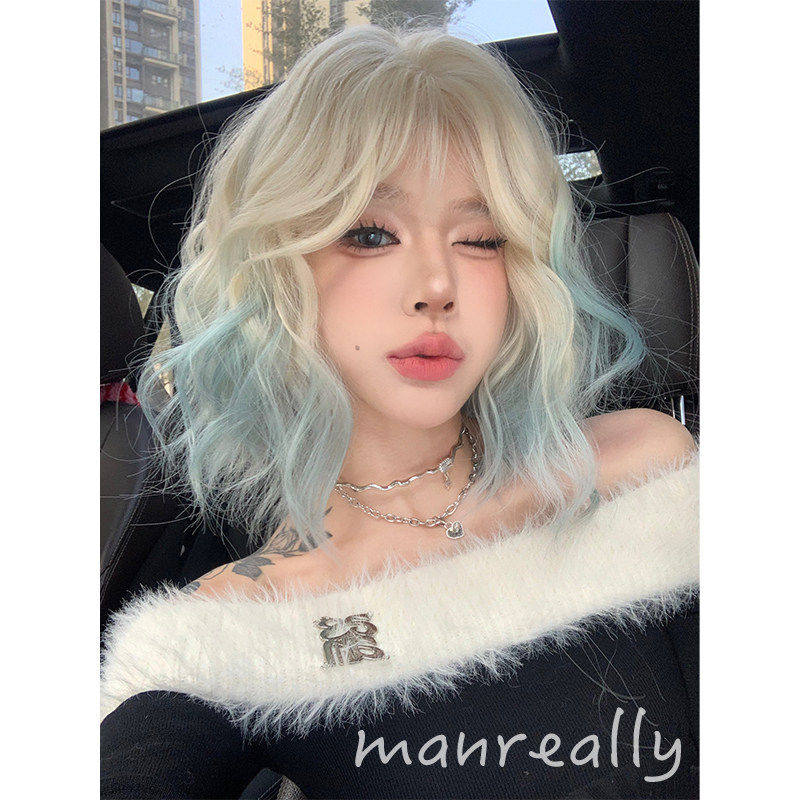 漫真假发女款短发蛋蛋卷白金渐变薄荷色日常仿真发丝逼真甜酷头套