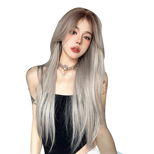 漫真假发前额蕾丝女长直发日常自然蓬松圆脸长发新式渐变色全头套