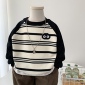 男童一体绒卫衣洋气条纹儿童宝宝纯棉插肩袖 秋冬加绒上衣潮 套头衫