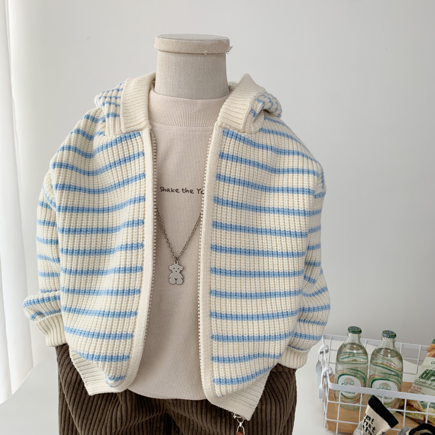 中小童春秋连帽外套条纹毛衣开衫