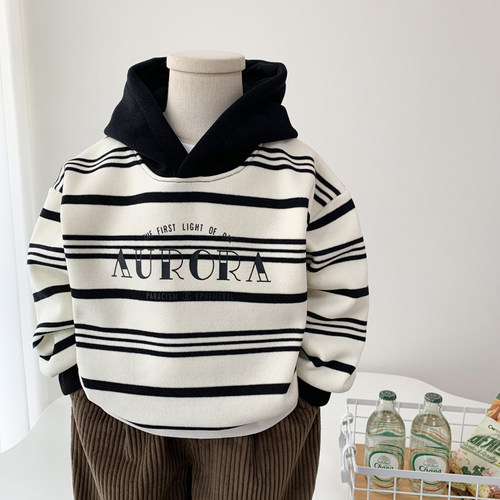 小男孩纯棉时尚条纹加绒连帽卫衣