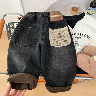 男童加绒柔软牛仔裤2025冬季儿童一体绒休闲裤中小童卡通洋气长裤