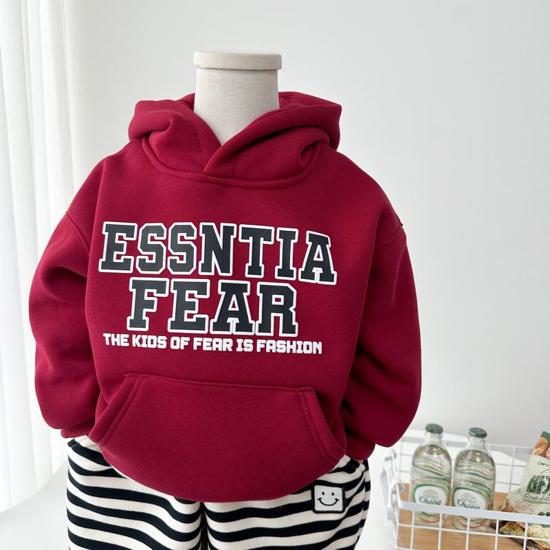 秋冬小男童喜庆红色加绒连帽卫衣