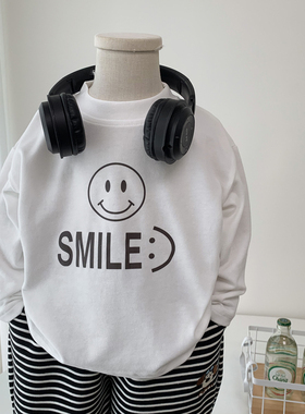 儿童长袖t恤春秋装男童洋气笑脸打底衫百搭中小童白色上衣休闲潮t