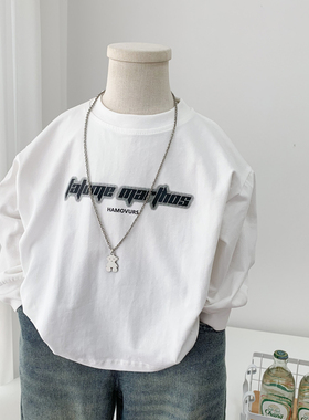 儿童装纯棉长袖T恤春装新款字母白色打底衫男童洋气休闲百搭t上衣