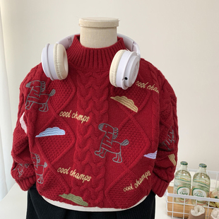 男女童红色毛衣2026冬季新年儿童小马刺绣麻花加厚套头棉服针织衫