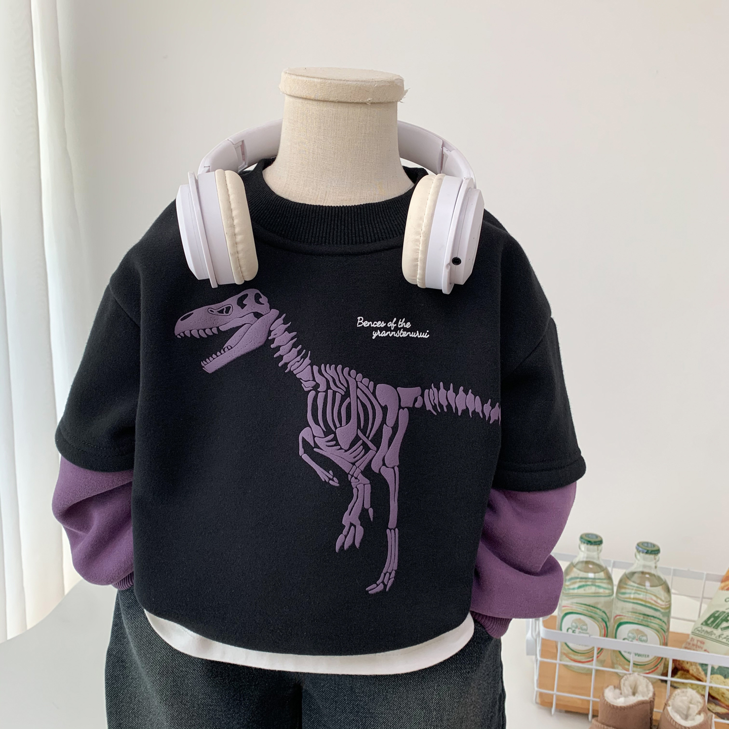 中小男孩加绒假两件卫衣恐龙上衣