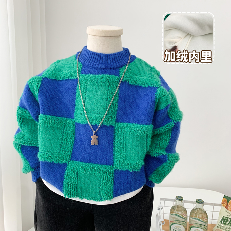 冬季中领男童针织加绒加厚毛衣