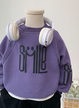 儿童加绒卫衣2025秋冬男童韩版宽松休闲上衣帅气男孩紫色套头衫潮