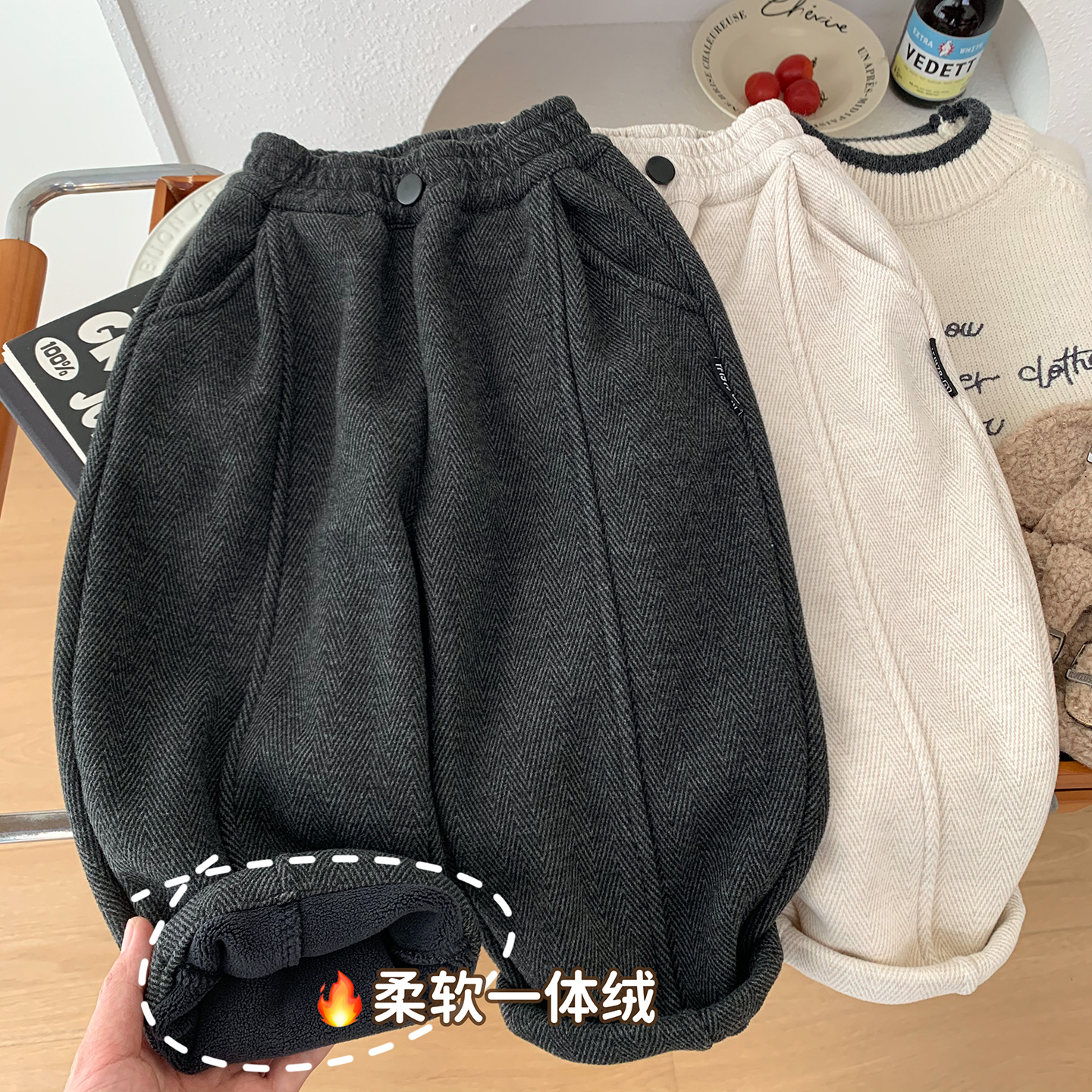 男童加绒柔软裤子秋冬装儿童人字纹英伦风休闲裤中小童一体绒长裤