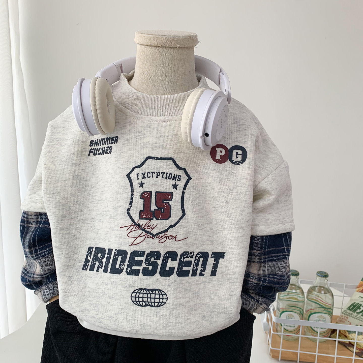 男童一体绒卫衣秋冬假两件上衣2025新款韩版男孩时尚格子袖套头衫