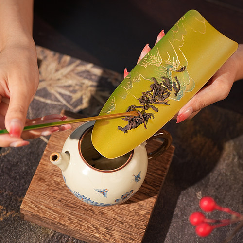 千里江山铜彩烧茶则茶拨复古黄铜防锈茶道六君子茶室精美泡茶工具