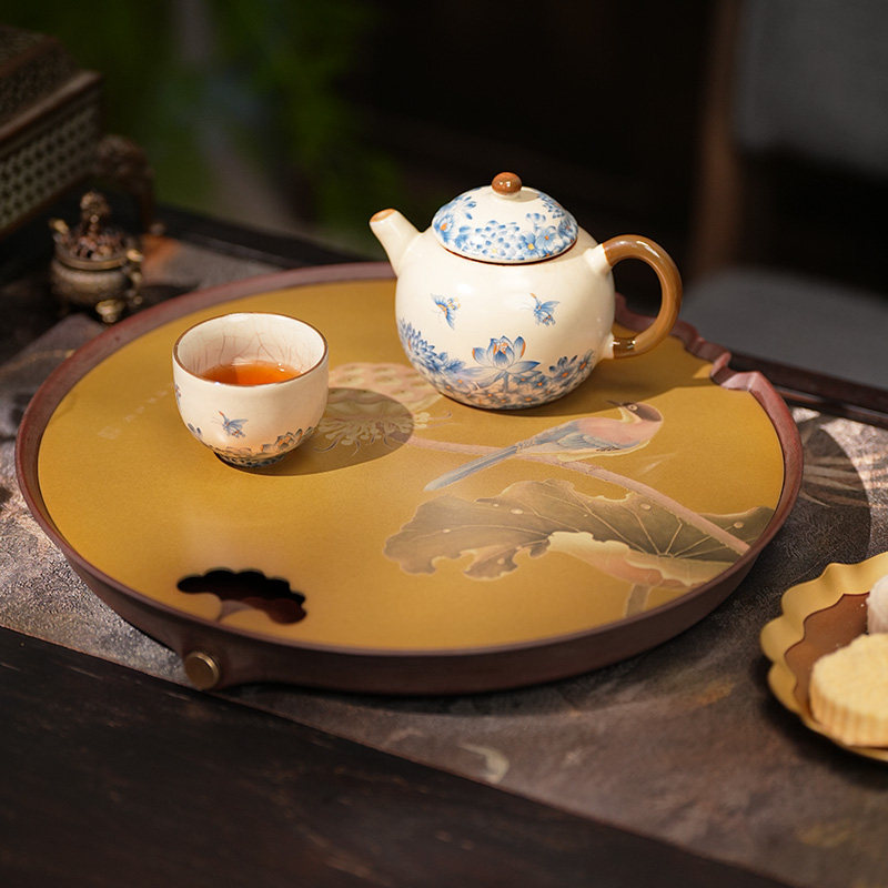 复古圆弧茶盘手作铜彩荷塘翠鸟图可排水储水式功夫茶具茶室泡茶台
