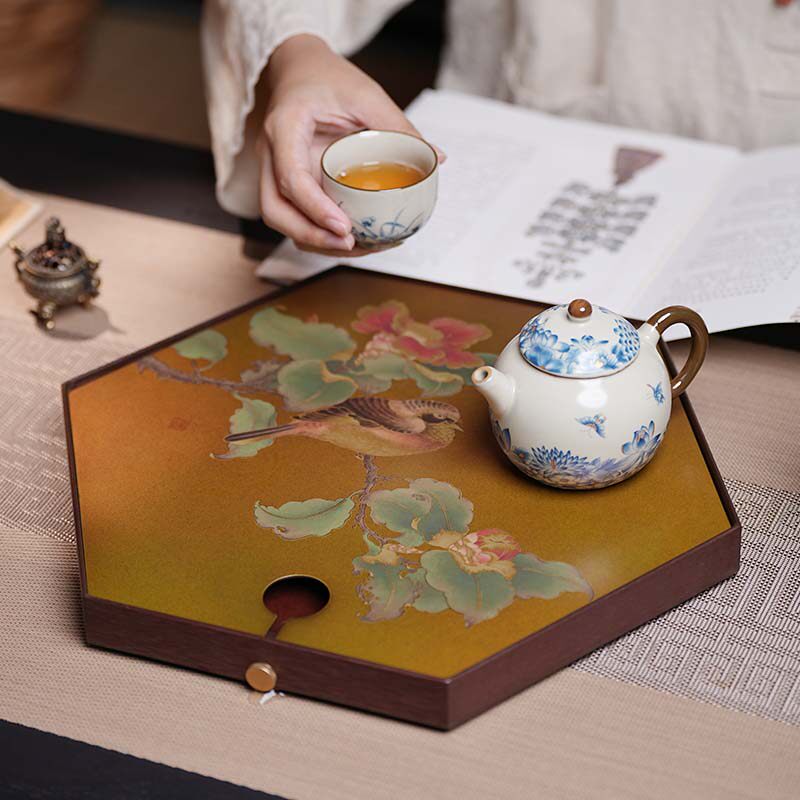 山茶宿鸟家用六边形茶盘中式复古电木蓄水茶具可排水复古轻奢铜盘
