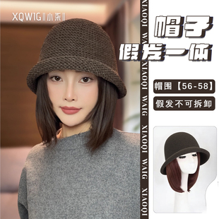 帽子假发波波头一体式女2025新款锁骨发秋冬渔夫帽假发全头套