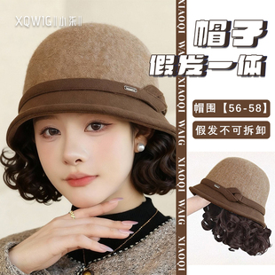 妈妈新款高级感秋冬帽子假发一体女时尚渔夫帽中老年短卷发假发帽