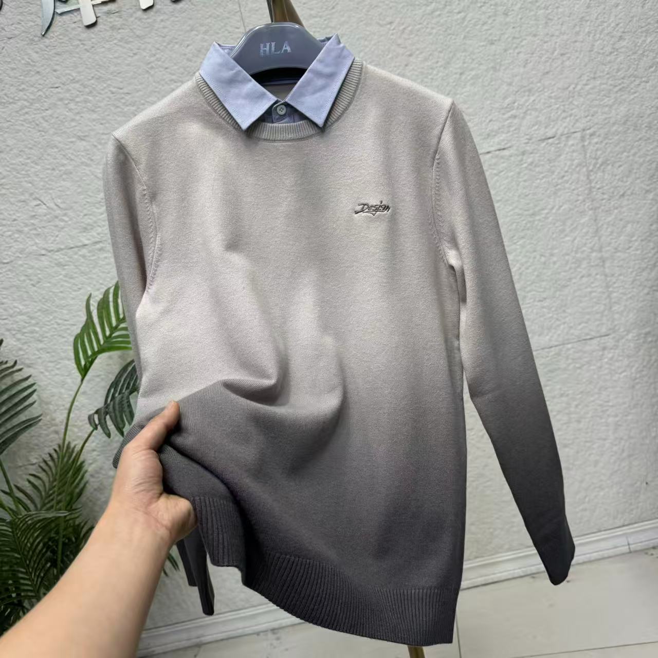 秋款男翻领渐变刺绣假两件针织衫