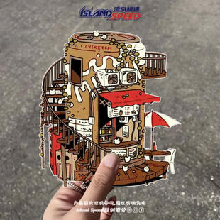 易拉罐主题创意建筑贴纸卡通风格 趣味涂鸦电车摩托车车身贴花