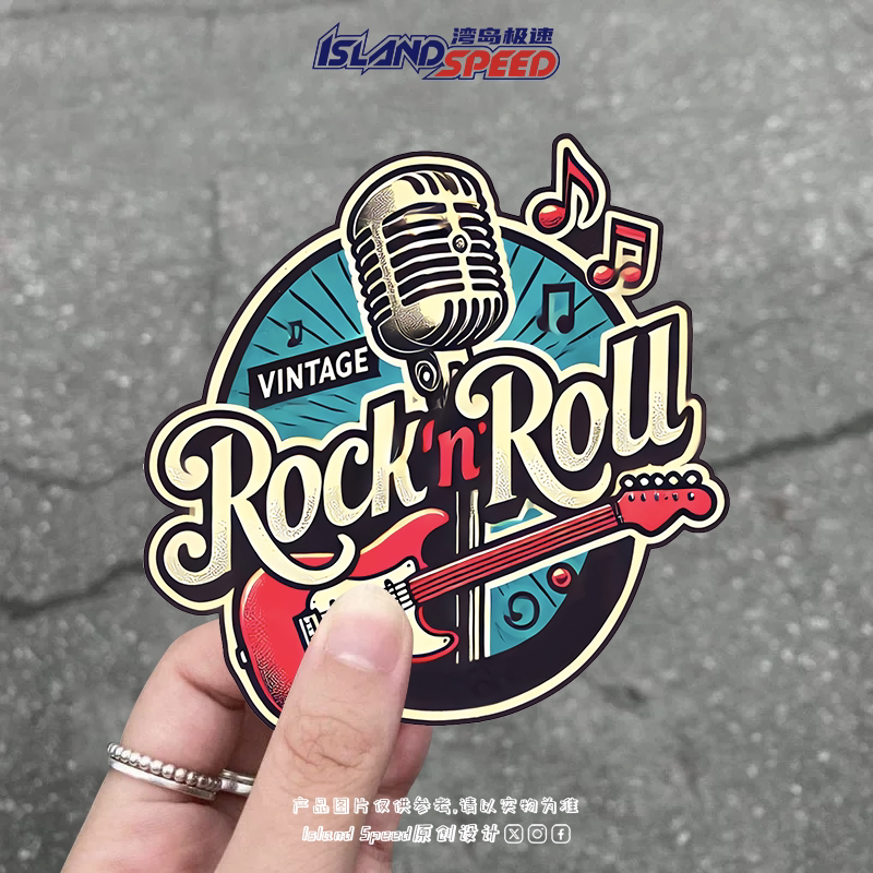 Rock Roll摇滚乐贴纸复古风麦克风电吉他创意设计汽车贴画