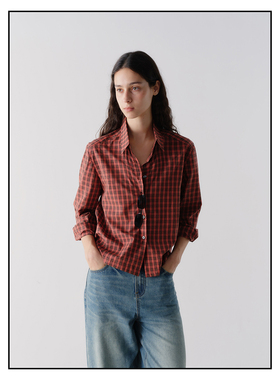 shyshy“紫西梅”双色格子衬衫长袖修身短款棉质女士早秋新款上衣