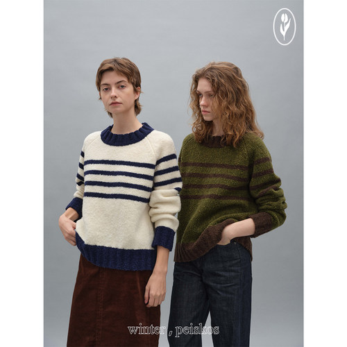 shyshy宽边粗条纹圆领毛衣